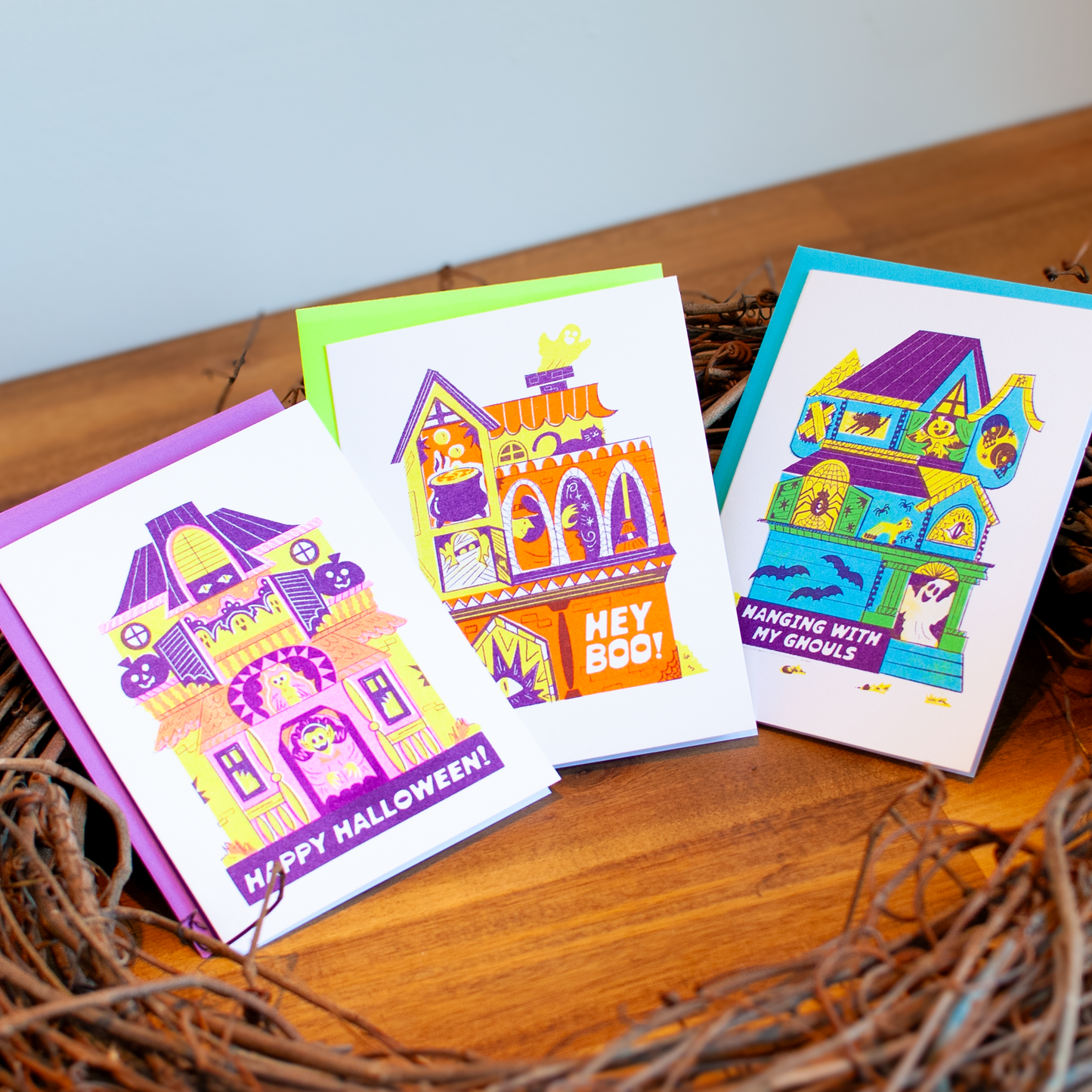 Halloween Haunted House Greeting Card Set: Pack of 3 + Stickers