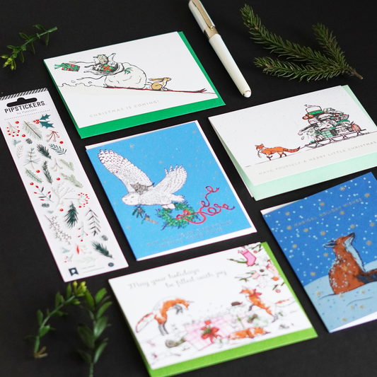 Merry Menagerie Christmas Cards - Set of 5 Cards + Stickers + Pen