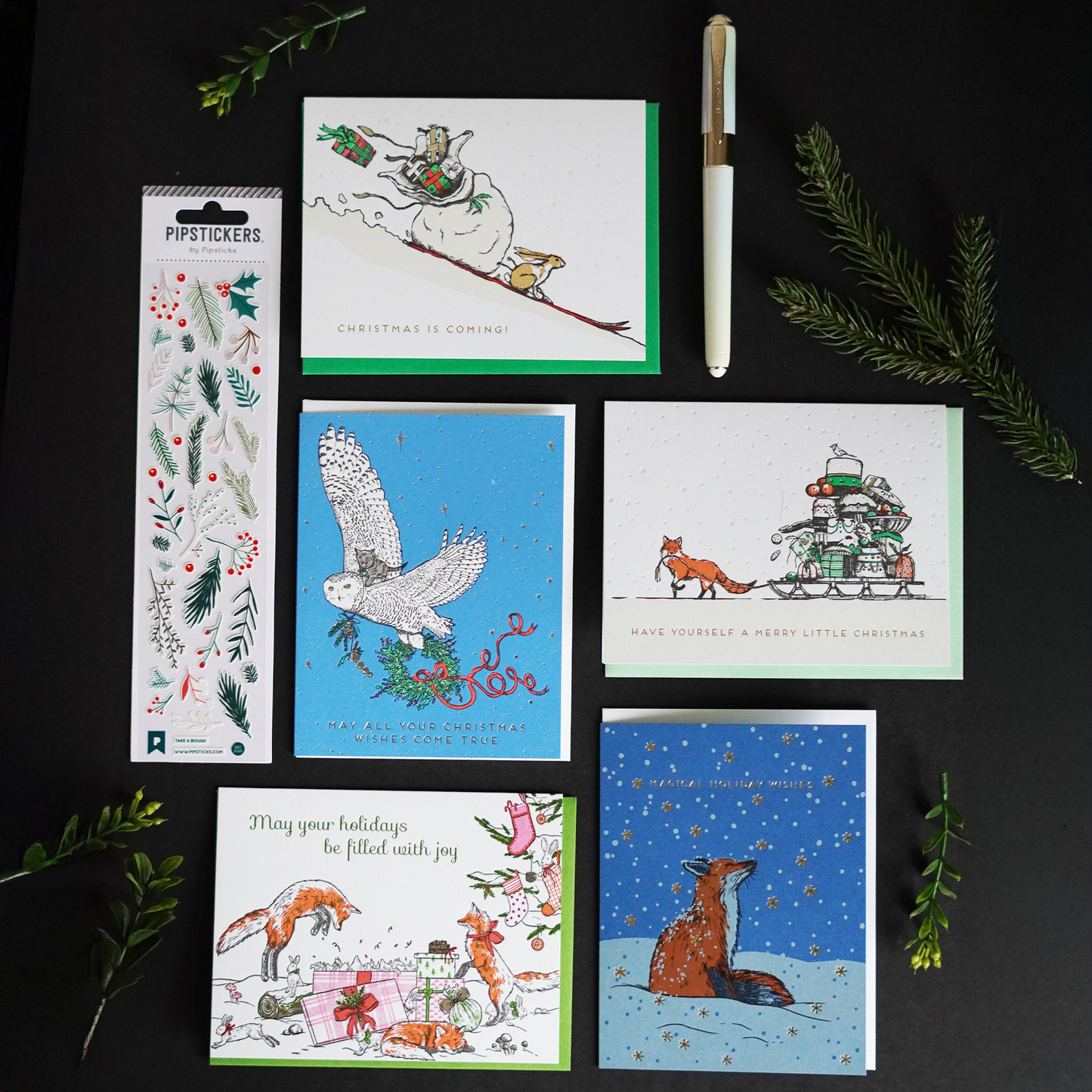 Merry Menagerie Christmas Cards - Set of 5 Cards + Stickers + Pen