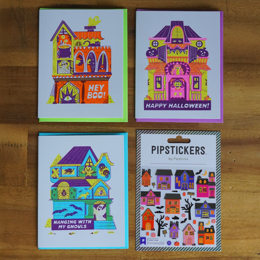 Halloween Haunted House Greeting Card Set: Pack of 3 + Stickers
