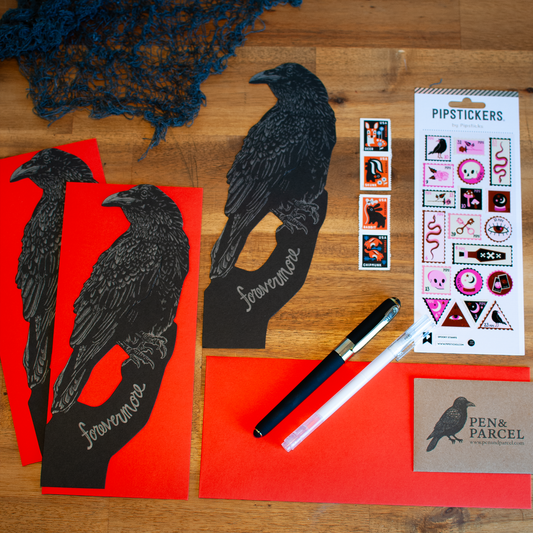 Raven & Relics Halloween Greeting Card Set: Pack of 3 + Stickers + Pens + Stamps