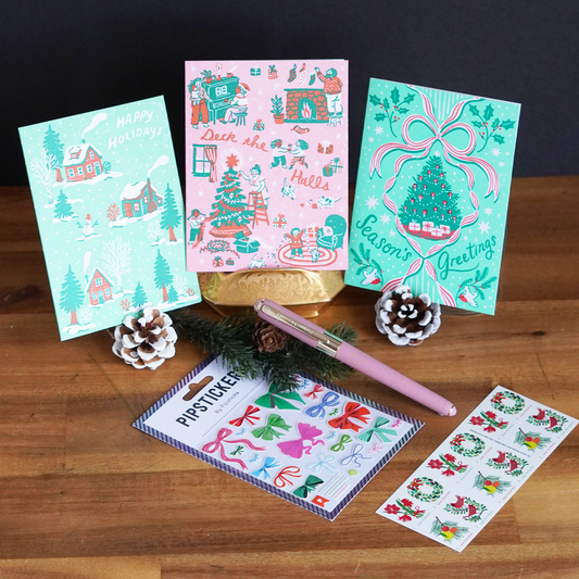 Very Vintage Holiday Cheer Cards - Set of 3 Cards + Stickers + Pen + Stamps